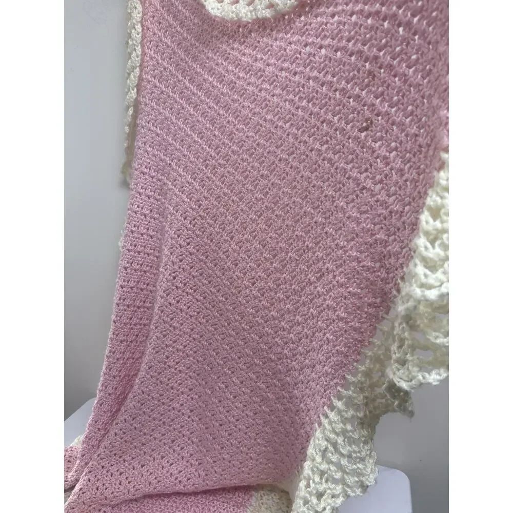 Handmade Crochet Baby‎ Blanket Pink Cream Ruffle Border Soft Yarn 44x29